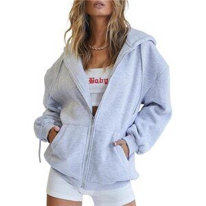 Women's Oversized Drawstring Zip-Up Hoodie Fall Jacket with Pocket